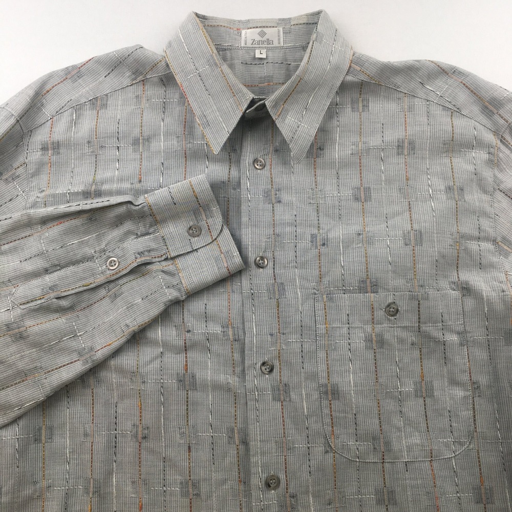 Zanella Shirt Men Large Gray Textured Stripe Geometric Button Up  Made in Italy